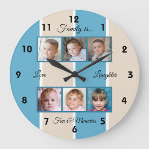 Blue and cream family photos large clock