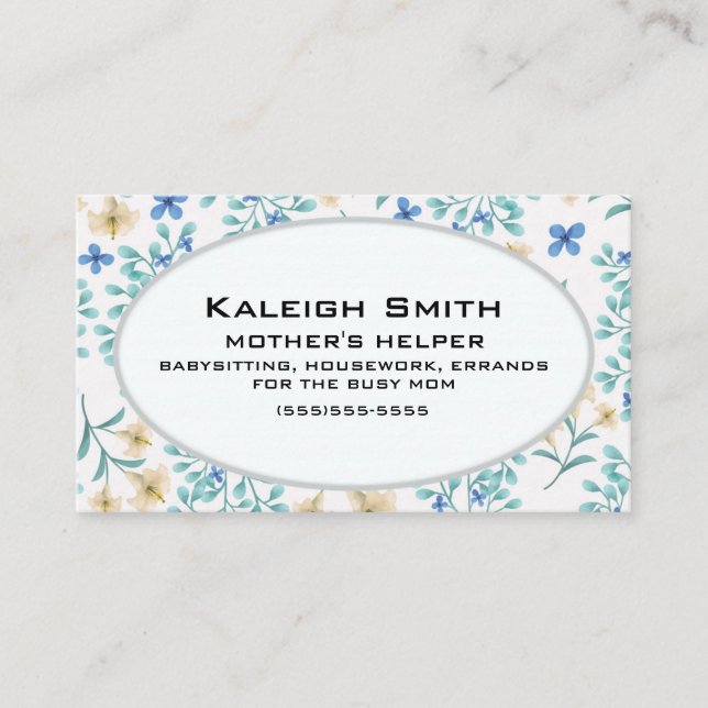 Blue and Cream Floral on White Mother's Helper Calling Card (Front)