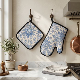 Blue and Cream Floral Toile de Jouy Oven Mitt & Pot Holder Set