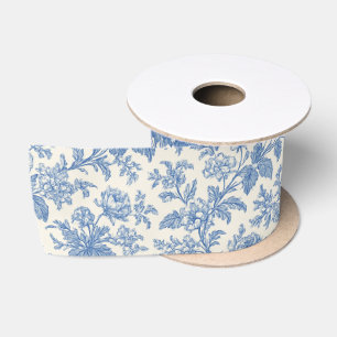 Blue and Cream Floral Toile de Jouy Satin Ribbon