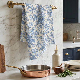 Blue and Cream Floral Toile de Jouy Tea Towel