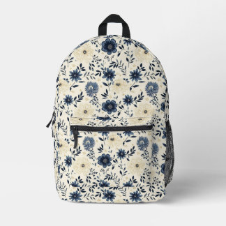 Blue And Cream Folk Art Floral Meadow Printed Backpack