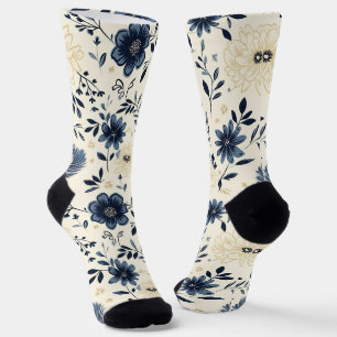 Blue And Cream Folk Art Floral Meadow Socks