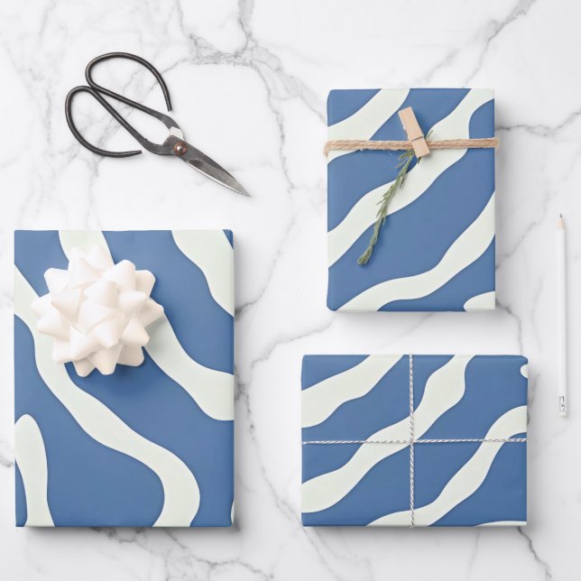 Blue and cream Modern Abstract Wavy Lines Pattern  Wrapping Paper Sheet (Front)