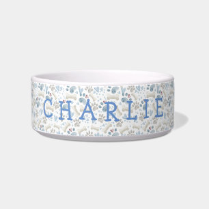 Blue and Cream Neutral Tone Name Ceramic Pet Bowl