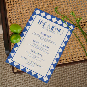 Blue and Cream Retro Chequerboard Wedding Menu 