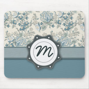Blue and Cream Roses with Monogram Mouse Pad