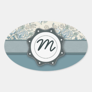 Blue and Cream Roses with Monogram Oval Sticker