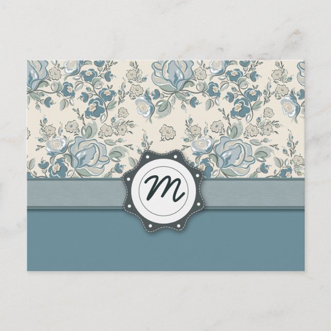 Blue and Cream Roses with Monogram Postcard (Front)