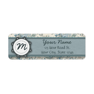 Blue and Cream Roses with Monogram Return Address Label