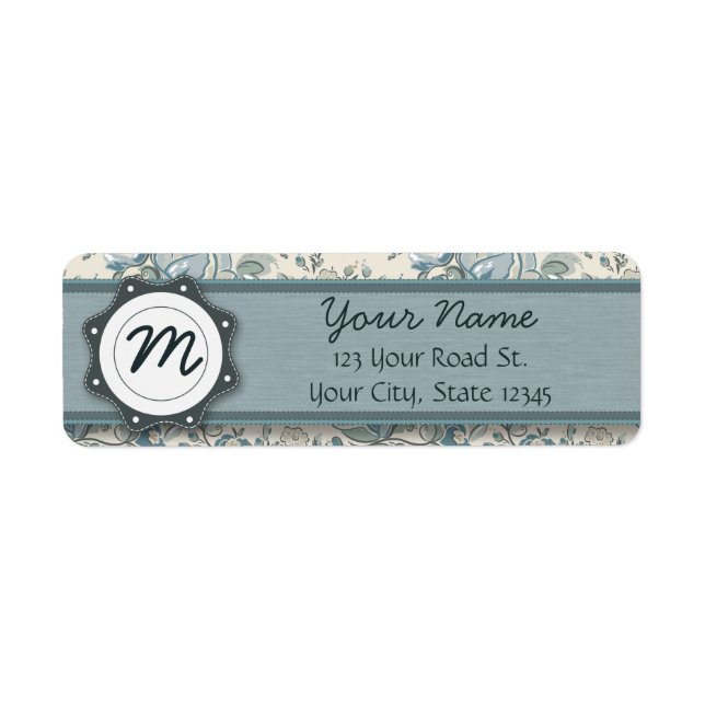 Blue and Cream Roses with Monogram Return Address Label (Front)