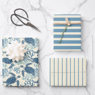 Blue and Cream Sea Turtles and Stripes Wrapping Paper Sheet