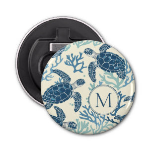 Blue and Cream Sea Turtles Monogram Bottle Opener