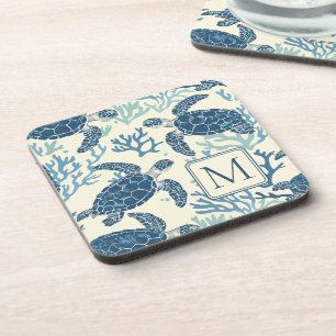 Blue and Cream Sea Turtles Monogram Coaster