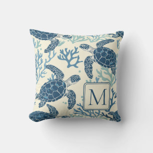Blue and Cream Sea Turtles Monogram Cushion