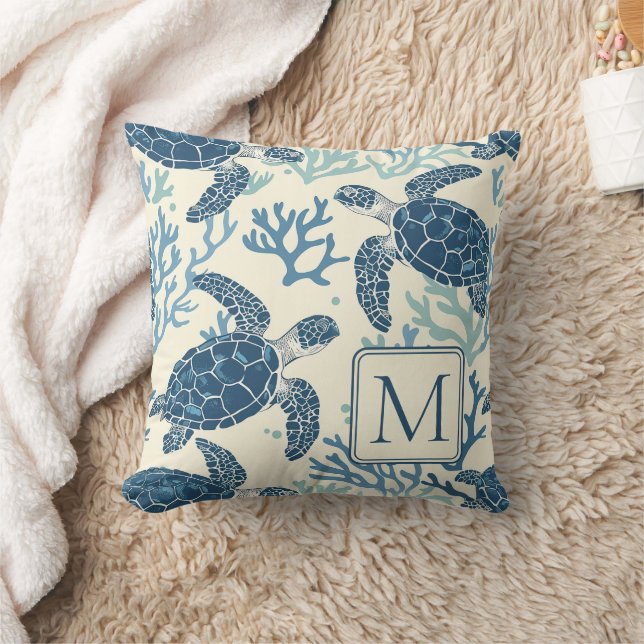 Blue and Cream Sea Turtles Monogram Cushion (Blanket)