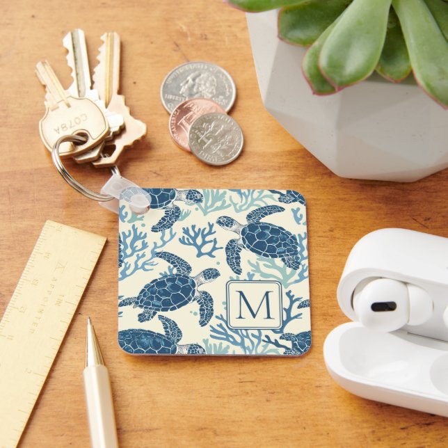 Blue and Cream Sea Turtles Monogram Key Ring (Desk)
