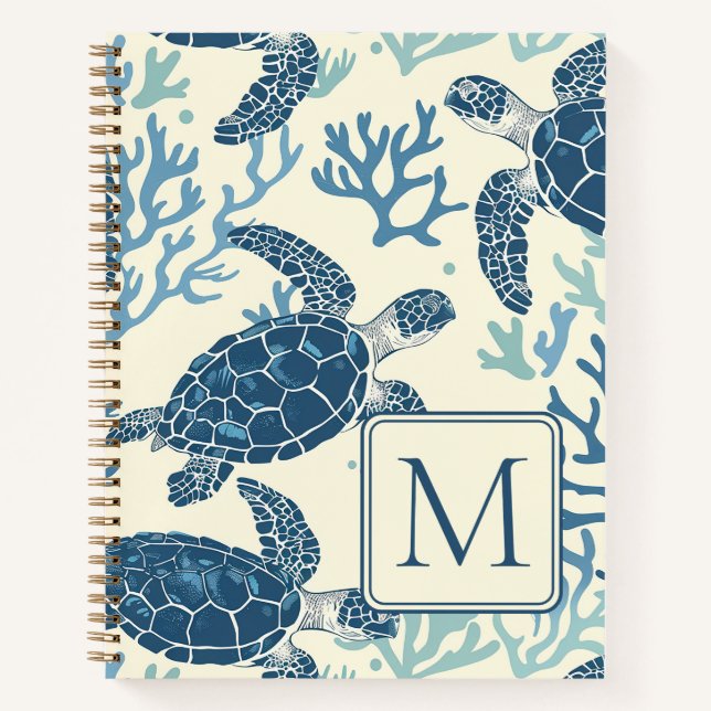 Blue and Cream Sea Turtles Monogram Notebook (Front)