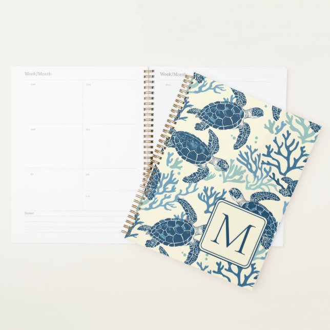 Blue and Cream Sea Turtles Monogram Planner (Display)