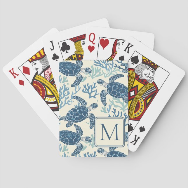 Blue and Cream Sea Turtles Monogram Playing Cards (Back)