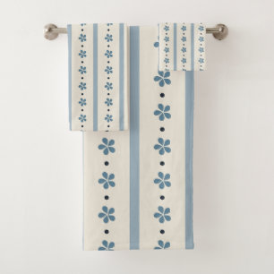 Blue And Cream Stripes And Flowers Bath Towel Set