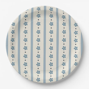 Blue And Cream Stripes And Flowers Paper Plate