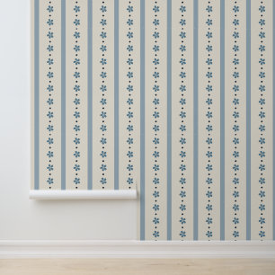 Blue And Cream Stripes And Flowers Wallpaper