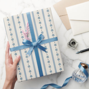 Blue And Cream Stripes And Flowers Wrapping Paper