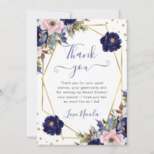 Blue and Cream Summer Flowers Frame Sweet 16 Thank You Card
