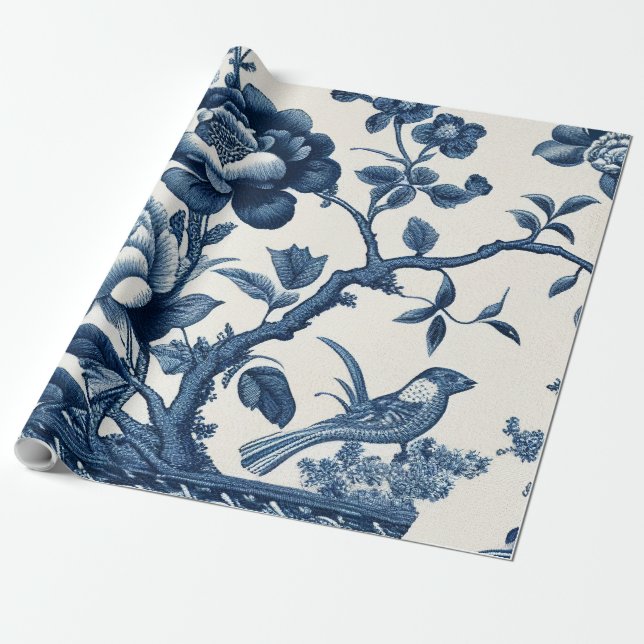 Blue and Cream Toile Wrapping Paper (Unrolled)
