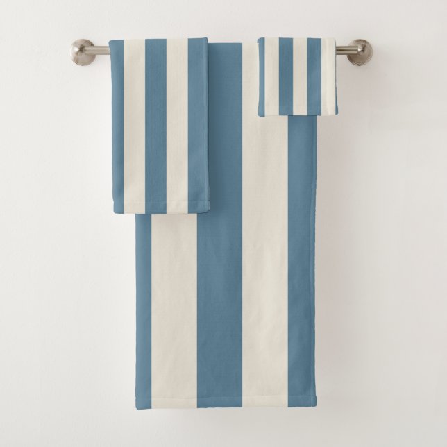 Blue And Cream Vertical Stripes Bath Towel Set (Insitu)