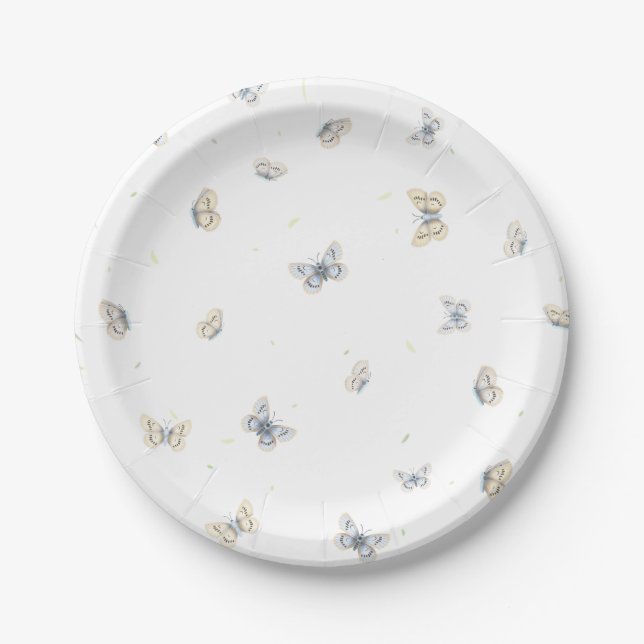 Blue and Crème Butterflies Charming Garden Fauna Paper Plate (Front)