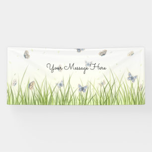 Blue and Crème Butterflies Charming Garden Scene  Banner
