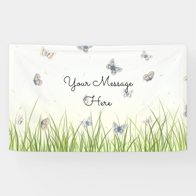 Blue and Crème Butterflies Charming Garden Scene Banner (Horizontal)