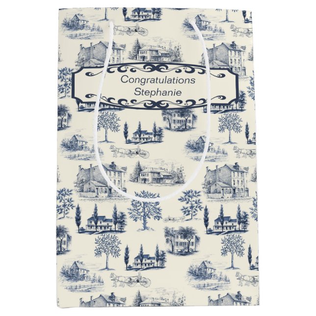 Blue And Creme Toile Congratulations Medium Gift Bag (Front)