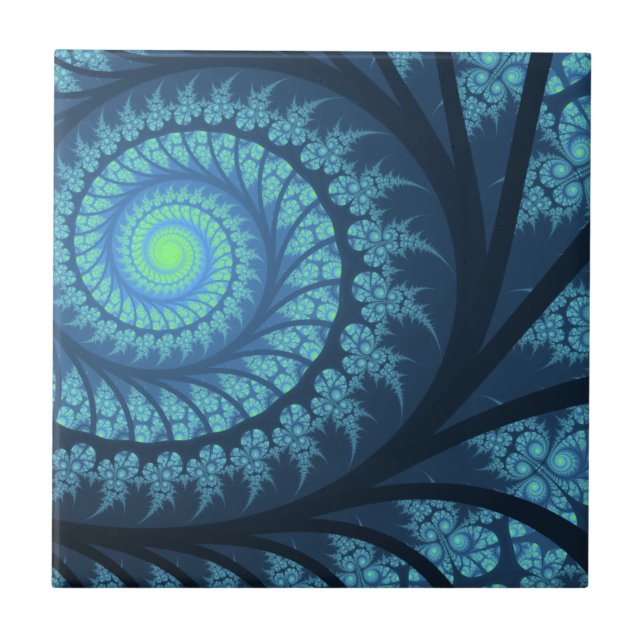 Blue and Cyan Classic Fractal Swirl Ceramic Tile (Front)