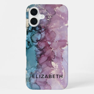 blue and dusty pink gold marble personalised iPhone 16 plus case