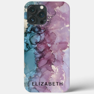 blue and dusty pink gold marble personalized iPhone 13 pro max case
