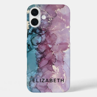 blue and dusty pink gold marble personalized iPhone 16 plus case