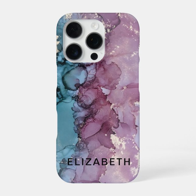 blue and dusty pink gold marble  personalized  iPhone case (Back)