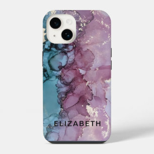 blue and dusty pink gold marble personalized iPhone 14 case
