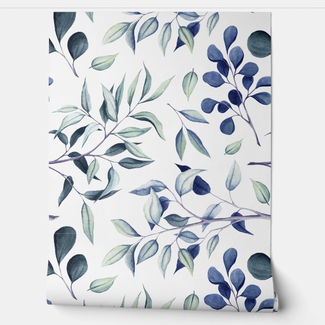 Blue and Eucalyptus Botanical Wallpaper (Unrolling)