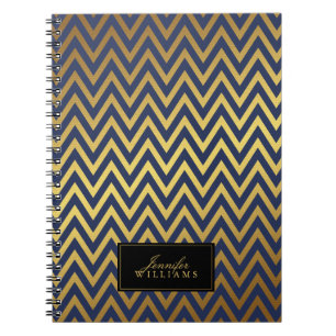 Blue and Faux Gold Chevron Stripes Personalised Notebook