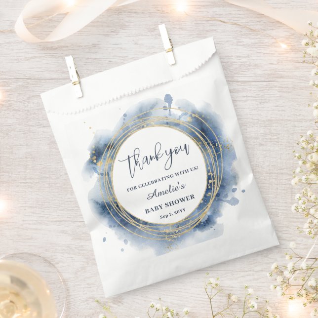 Blue and Faux Gold Circles Baby Shower Favour Bag (Clipped)