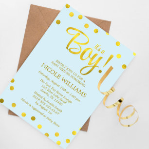 Blue and Faux Gold Confetti Boy Baby Shower Invitation