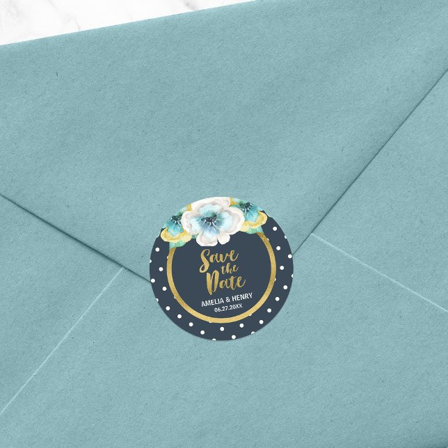 Blue and Faux Gold, Floral Save the Date Classic Round Sticker (Creator Uploaded)