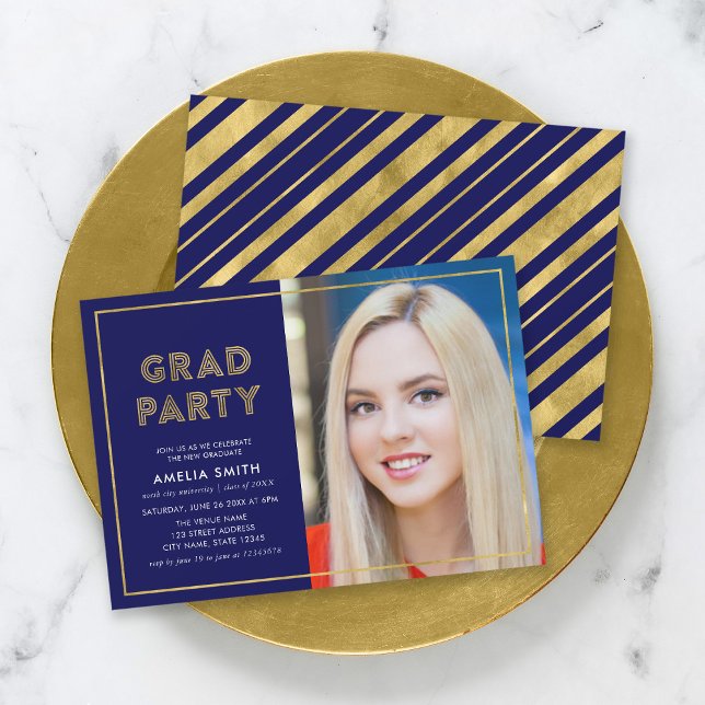 Blue and Faux Gold Geometric Photo Grad Party Invitation (Creator Uploaded)
