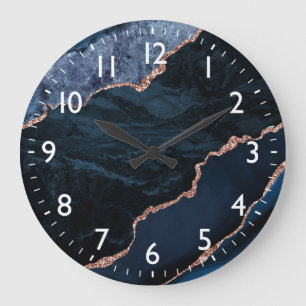 Blue and Faux Gold Glitter Marble Agate Large Clock