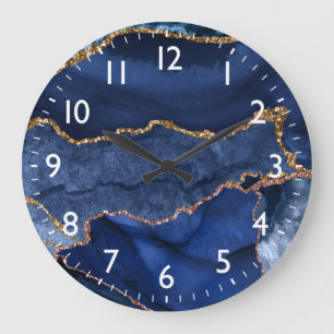 Blue and Faux Gold Glitter Marble Agate Large Clock