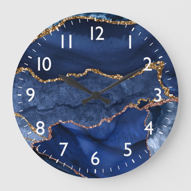 Blue and Faux Gold Glitter Marble Agate Large Clock (Front)